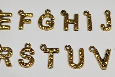 (ABC7) - Buchstaben-Set A-Z aus Metall Farbe : gold - ca. 1,2x0,85 cm unebene Oberfläche, zum Annähen / Ankleben